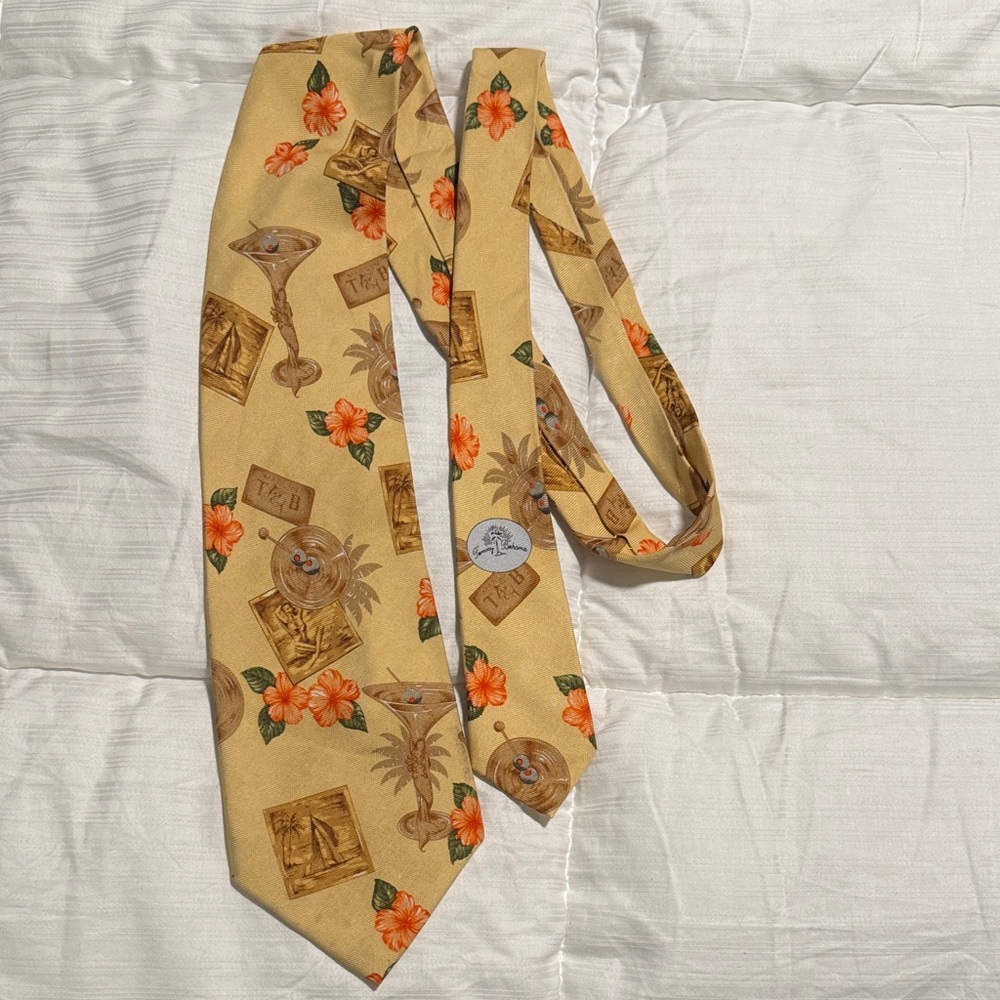 Tommy Bahama Tan Tie with Orange and Brown Tropical Design
